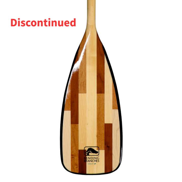 Wooden paddle with a brand logo on a white background, labeled 'Discontinued'.